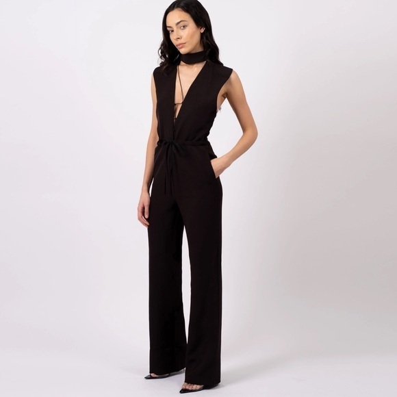 AQ/AQ Dahlia Open Back Deep-V Wide Leg Jumpsuit in Olive Green Size 4